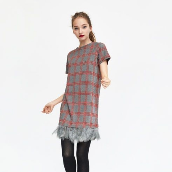 Zara Dresses & Skirts - 🎁Zara Trafaluc Tartan Plaid Feather Trim Dress